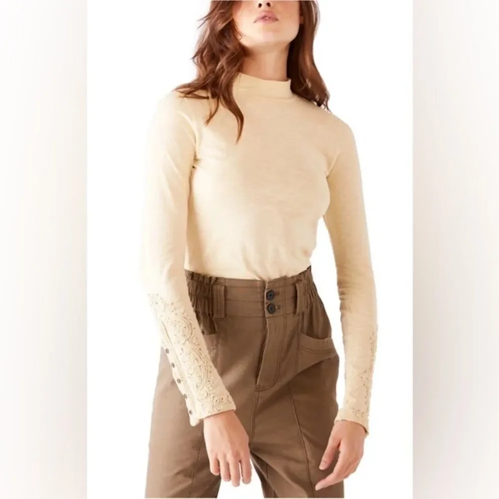 FREE PEOPLE Hooked On  You Embroidered Long Sleeve Henley Top